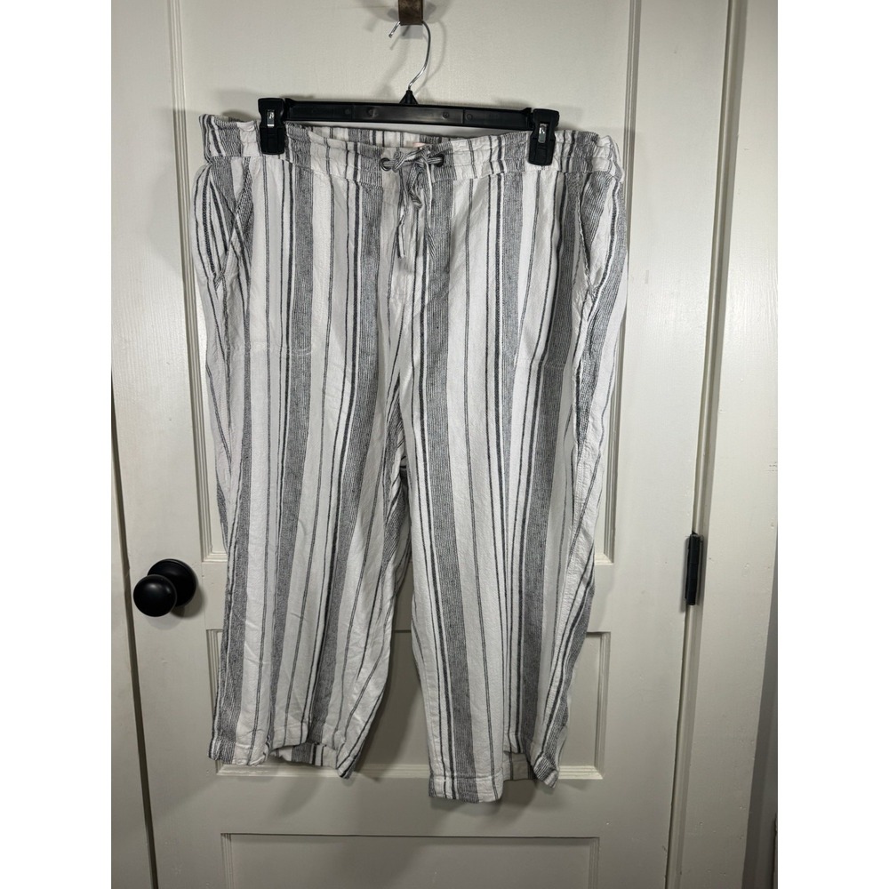 Per Se Women's Linen Blend Wide Leg Pants, Black/White Stripe, Cropped, 2X